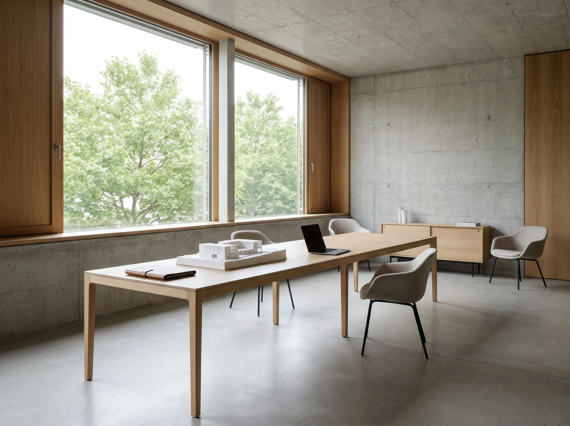 Moderner Besprechungsbereich mit Architekturmodell und Laptop